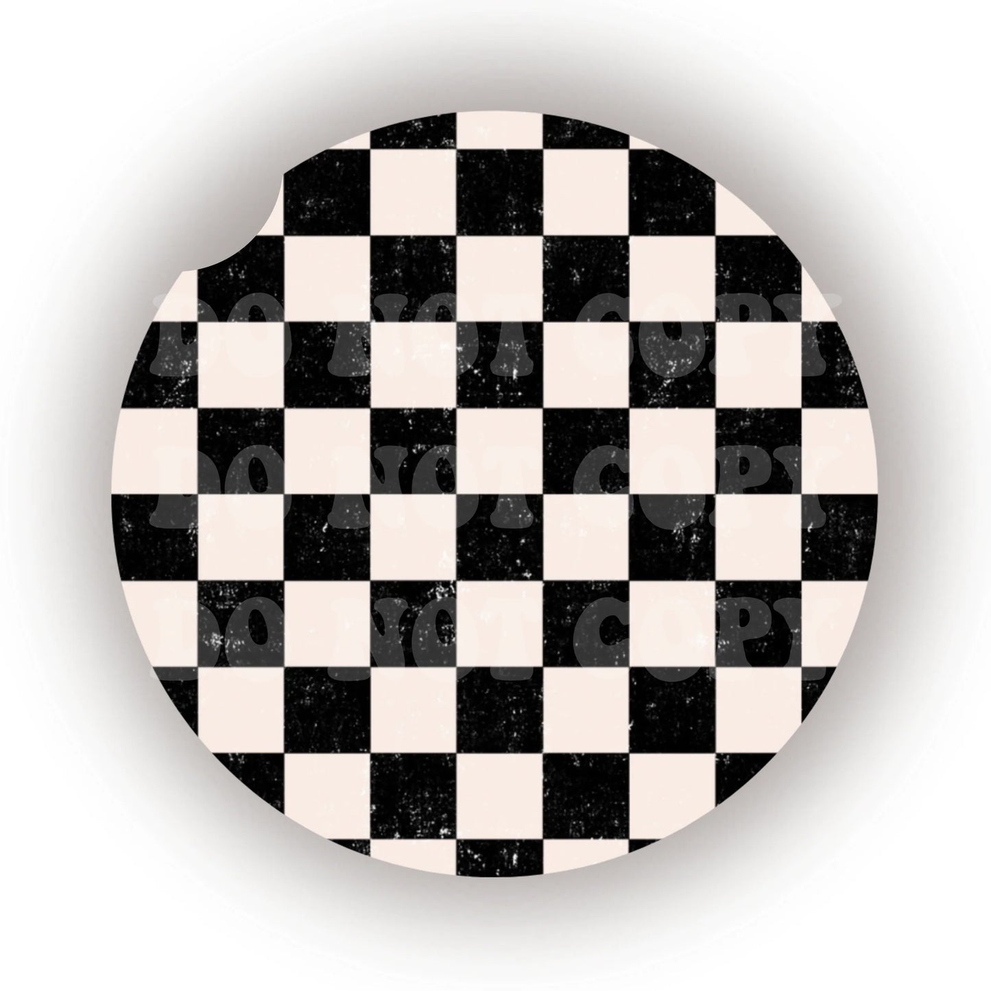 Distressed Black & White Checkers Car Coaster- Set 2