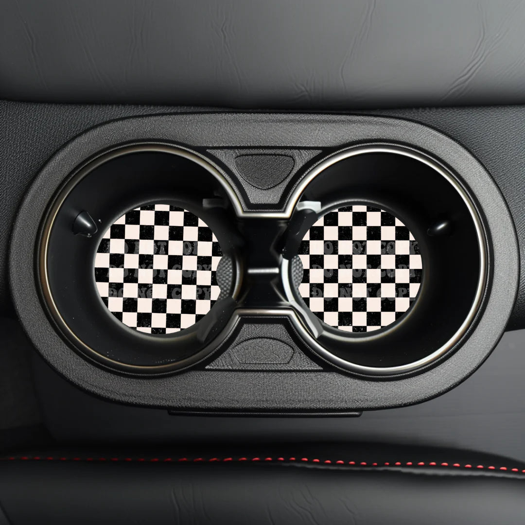 Distressed Black & White Checkers Car Coaster- Set 2