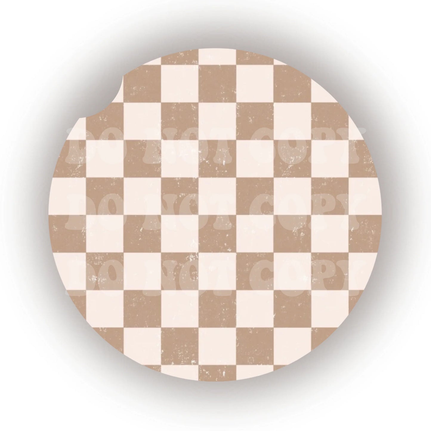 Distressed Tan & White Checkers Car Coaster- Set 2