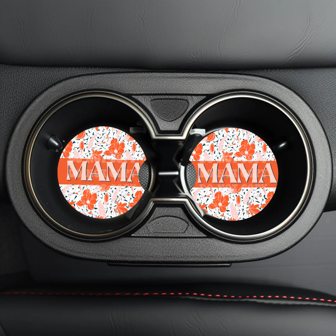 Orange Floral Mama Car Coaster- Set 2