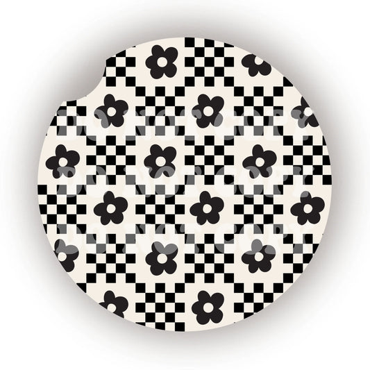 Neutral Checker Flowers Car Coaster- Set 2