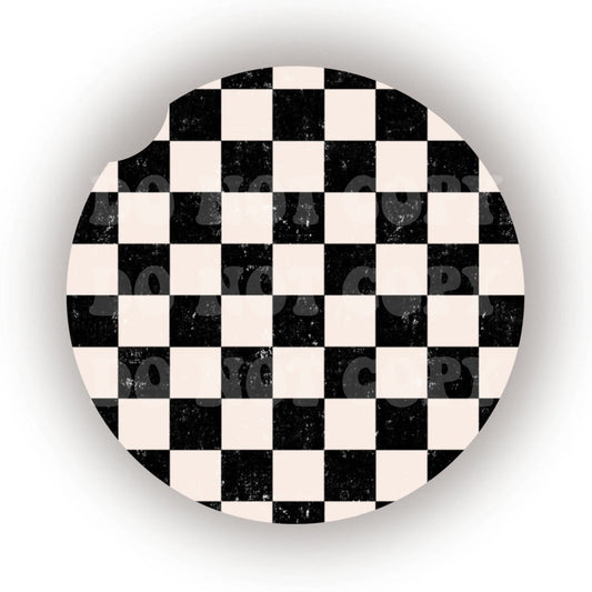 Distressed Black & White Checkers Car Coaster- Set 2