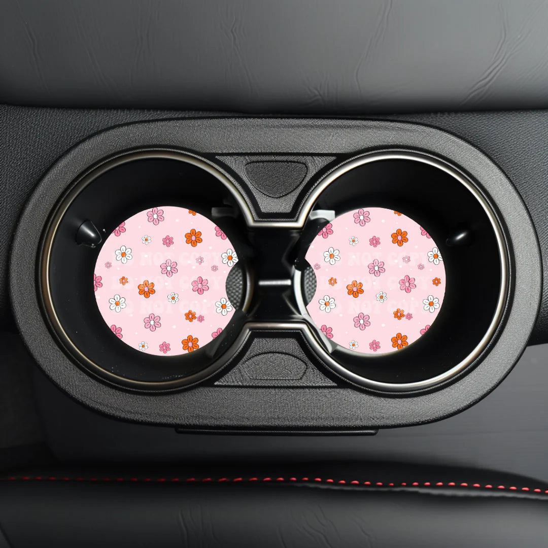 Pink, Orange & White Flowers Car Coaster- Set 2