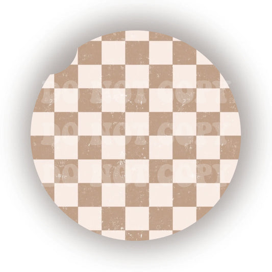 Distressed Tan & White Checkers Car Coaster- Set 2
