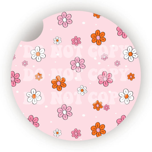 Pink, Orange & White Flowers Car Coaster- Set 2